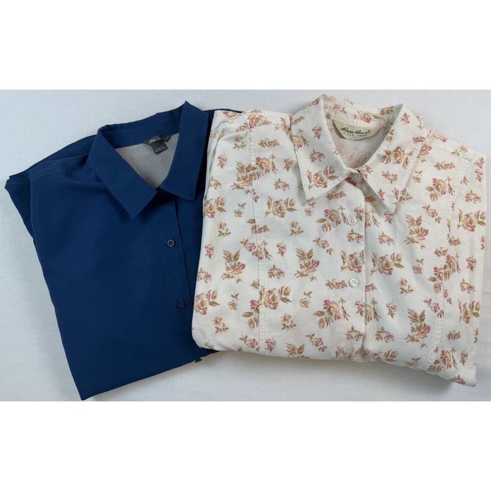 Lot Of 2 Eddie Bauer Women's Long Sleeve Button Up Shirts Blue & Floral Size LG